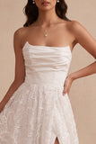 White A-Line Embroidery Ruched Strapless Satin Long Wedding Dress with Side Slit