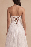 White A-Line Embroidery Ruched Strapless Satin Long Wedding Dress with Side Slit