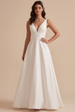 White A-Line V-Neck Satin Ruched Maxi Wedding Dress