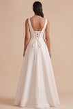 White A-Line V-Neck Satin Ruched Maxi Wedding Dress