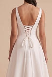 White A-Line V-Neck Satin Ruched Maxi Wedding Dress