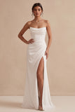 White Sheath Cowl Satin Ruched Strapless Long Wedding Dress with Slit