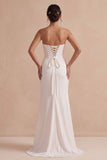 White Sheath Cowl Satin Ruched Strapless Long Wedding Dress with Slit