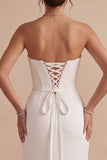 White Sheath Cowl Satin Ruched Strapless Long Wedding Dress with Slit