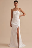White Mermaid Satin Strapless Ruched Maxi Wedding Dress with Slit