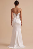 White Mermaid Satin Strapless Ruched Maxi Wedding Dress with Slit