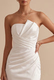White Mermaid Satin Strapless Ruched Maxi Wedding Dress with Slit