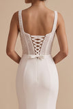 White Corset Satin Mermaid Square Neck Long Wedding Dress with Beading