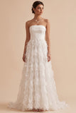 White A-Line Strapless Feathered Long Wedding Dress