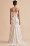 White A-Line Strapless Feathered Long Wedding Dress