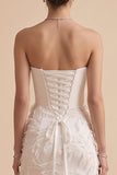 White A-Line Strapless Feathered Long Wedding Dress
