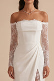 White Sheath Off the Shoulder Satin Lace Long Sleeves Ruched Maxi Wedding Dress with Slit