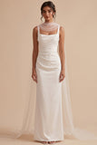 White Sheath Square Neck Satin Ruched Long Wedding Dress with Cape