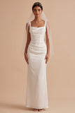 White Sheath Square Neck Satin Ruched Long Wedding Dress with Cape