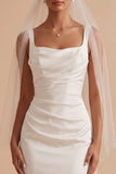 White Sheath Square Neck Satin Ruched Long Wedding Dress with Cape