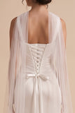 White Sheath Square Neck Satin Ruched Long Wedding Dress with Cape