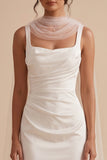 White Sheath Square Neck Satin Ruched Long Wedding Dress with Cape