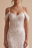 White Mermaid Cold Shoulder Sequins Beaded Long Wedding Dress