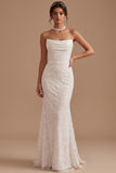 White Mermaid Cowl Neck Sequins Maxi Wedding Dress with Beading