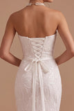 White Mermaid Cowl Neck Sequins Maxi Wedding Dress with Beading