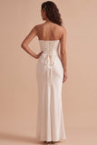 White Satin Corset Mermaid Strapless Satin Long Wedding Dress with Lace