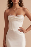 White Satin Corset Mermaid Strapless Satin Long Wedding Dress with Lace