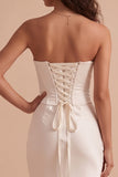 White Satin Corset Mermaid Strapless Satin Long Wedding Dress with Lace