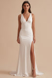 White Sheath V-Neck Ruched Satin Long Wedding Dress with Slit
