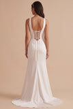 White Sheath V-Neck Ruched Satin Long Wedding Dress with Slit