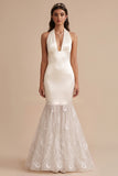 White Mermaid Halter Satin Long Wedding Dress with Embroidery