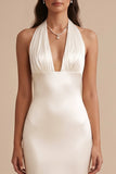 White Mermaid Halter Satin Long Wedding Dress with Embroidery