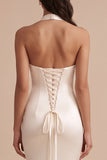 White Mermaid Halter Satin Long Wedding Dress with Embroidery