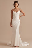 White Mermaid Cowl Spaghetti Straps Satin Sweep Train Wedding Dress