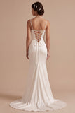 White Mermaid Cowl Spaghetti Straps Satin Sweep Train Wedding Dress