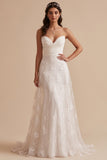 White A-Line Strapless Ruched Long Wedding Dress with Embroidery