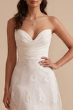 White A-Line Strapless Ruched Long Wedding Dress with Embroidery