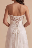 White A-Line Strapless Ruched Long Wedding Dress with Embroidery