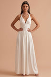 White A-Line Halter Ruched Satin Long Wedding Dress