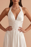 White A-Line Halter Ruched Satin Long Wedding Dress