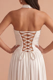 White A-Line Halter Ruched Satin Long Wedding Dress