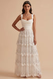 White A-Line Cowl Neck Tiered Maxi Wedding Dress with Sequins Appliques