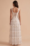 White A-Line Cowl Neck Tiered Maxi Wedding Dress with Sequins Appliques