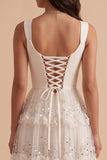 White A-Line Cowl Neck Tiered Maxi Wedding Dress with Sequins Appliques