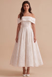 White A-Line Off the Shoulder Lace Midi Wedding Dress