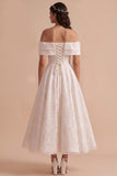 White A-Line Off the Shoulder Lace Midi Wedding Dress