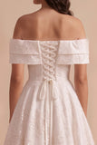 White A-Line Off the Shoulder Lace Midi Wedding Dress