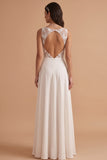 White A-Line Illusion Neck Satin Embroidery Cut Out Long Wedding Dress with Slit