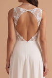 White A-Line Illusion Neck Satin Embroidery Cut Out Long Wedding Dress with Slit