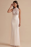 White Mermaid High Neck Sequins Appliques Cut Out Long Wedding Dress