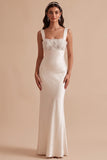 White Mermaid Square Neck Satin Sequins Appliques Long Wedding Dress with Beading